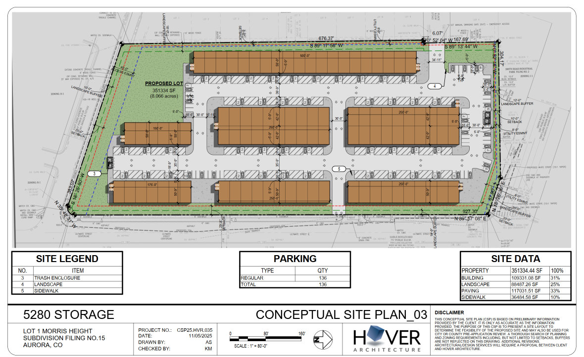 Example Conceptual Site Plan featuring a 2 story self storage building, and office, and 7 drive-up storage buildings.